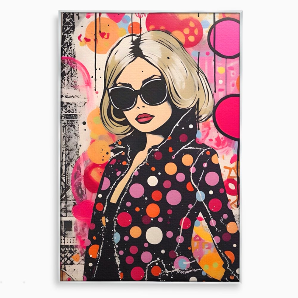 Tablou canvas cu tablou canvas cu portret pop art, in rama de aluminiu argintiu